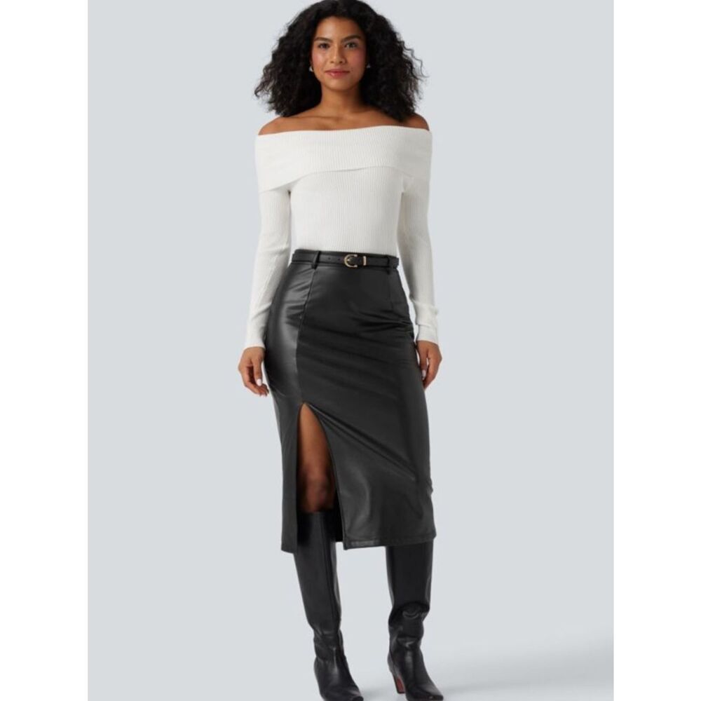 NWT Halara High Waisted Tummy Control 2-in-1 Midi Casual faux Leather Skirt